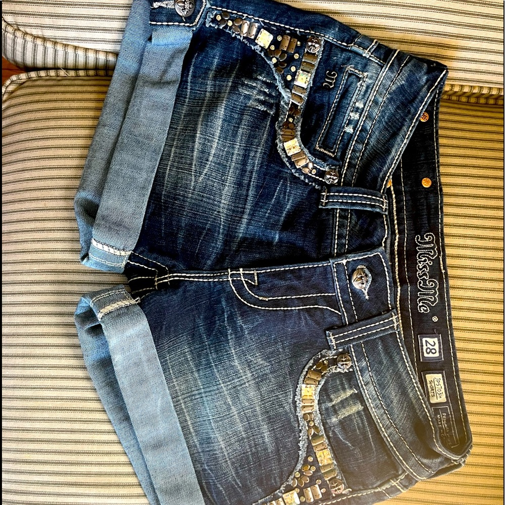 Miss me Jean shorts with lots of bling. NWOT, size 28. Dark wash, cuffed